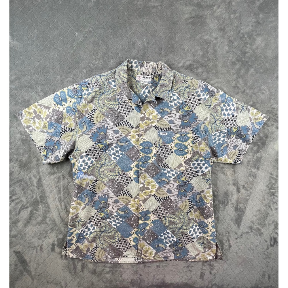 Vintage 90s Guess Mens M 100 Cotton‎ USA Short Sleeve Button Up Shirt Patchwork